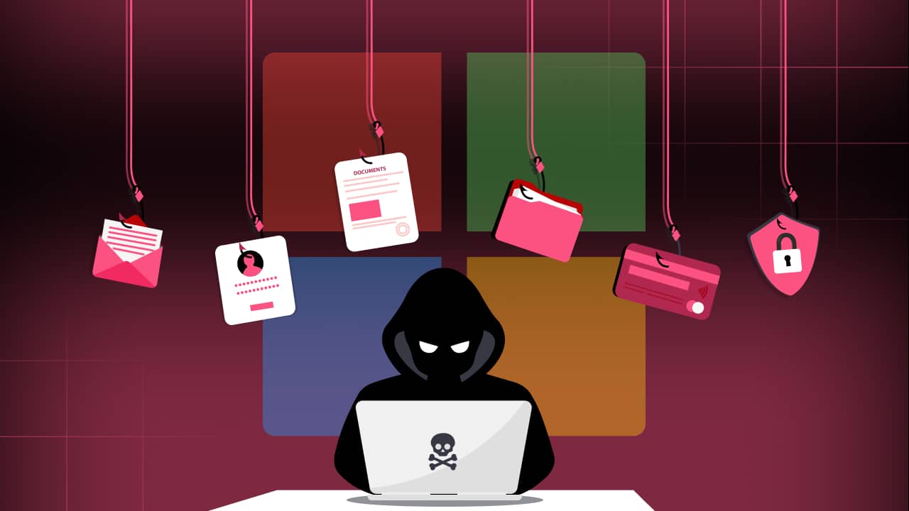 An illustration of a hooded figure at a laptop with a skull symbol, surrounded by hanging items like documents, ID cards, and a wallet—symbolizing an insidious phishing campaign. A multicolored square pattern decorates the backdrop, hinting at the digital infrastructures vulnerabilities.
