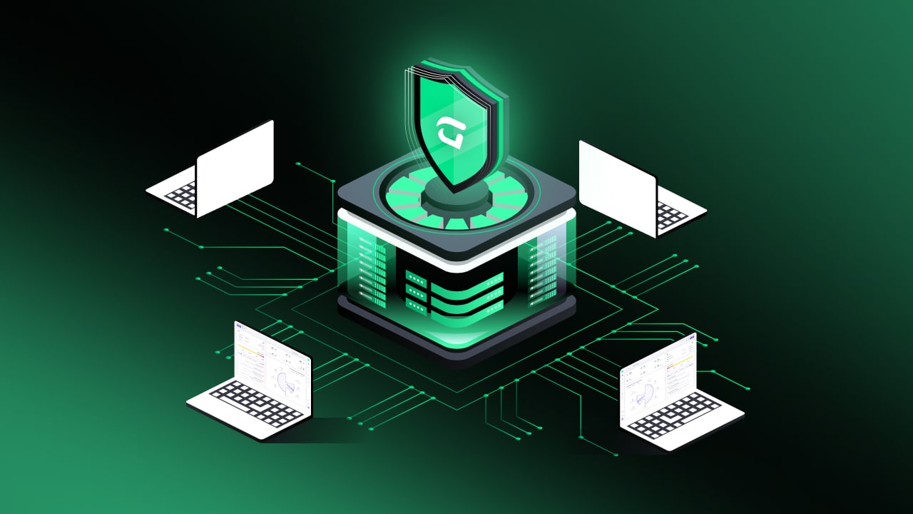 A digital illustration of a central server with a shield icon on top, connected to four laptops by lines. The setup glows against a dark green and black background, symbolizing data protection and securing identities across endpoints.