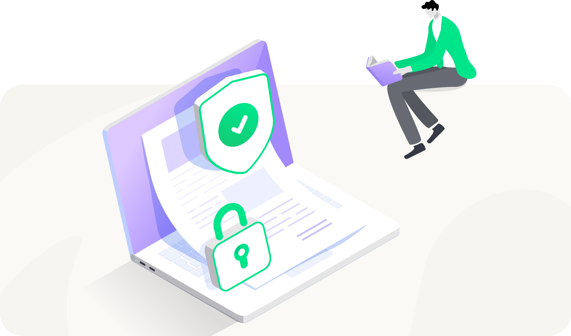 Illustration of a person sitting with a laptop, alongside a large laptop displaying a document. A shield with a checkmark and padlock icon are overlaid on the screen, symbolizing trust and compliance in security and protection.