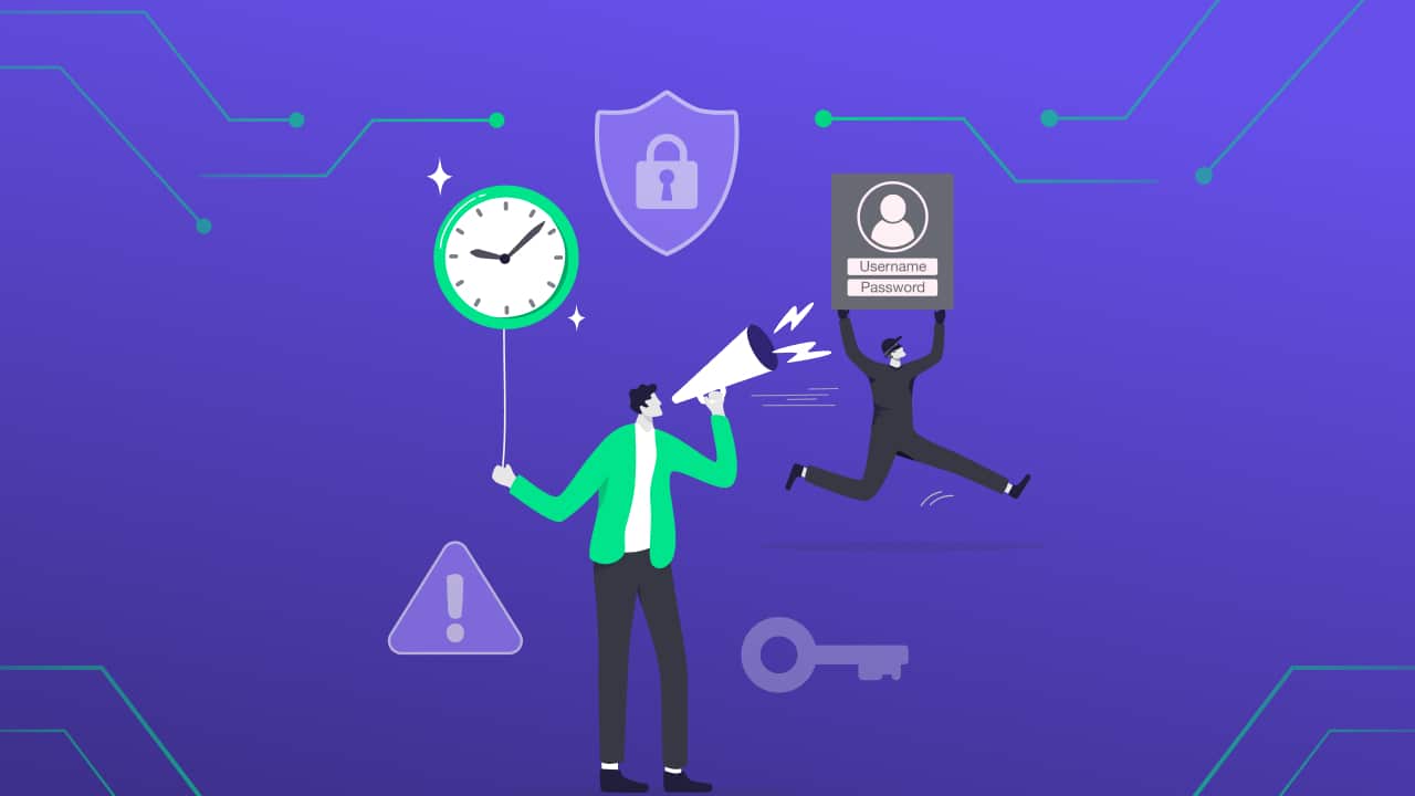 Illustration of a person holding a clock and a megaphone, with another running, clutching a sign reading Username: Password. A lock, caution symbol, and key feature against the purple backdrop. Conveys urgency in alerting MSP clients to cybercriminal threats.