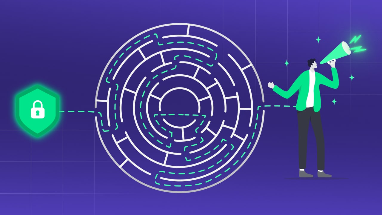 A person with a megaphone stands outside a circular maze, guiding the way like an MSP expert. A dotted line leads through the maze to a green shield with a padlock symbol, embodying security and trust. The blue background features faint grid lines, enhancing the sense of direction and focus.
