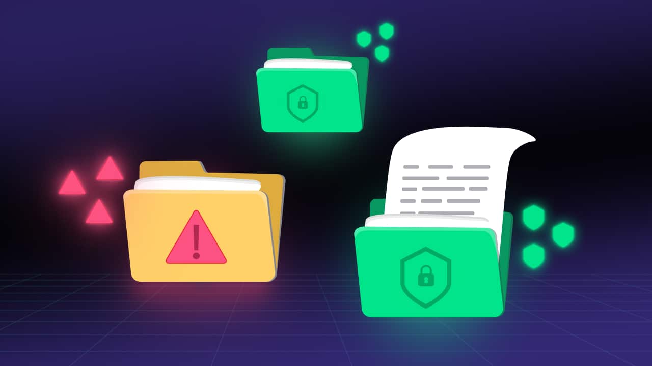 A digital illustration displays two folders: a yellow one with a red warning symbol, and a green one featuring a security shield with a lock. The green folder, safeguarding against different types of data loss, contains a sheet of paper. Glowing geometric shapes surround them.