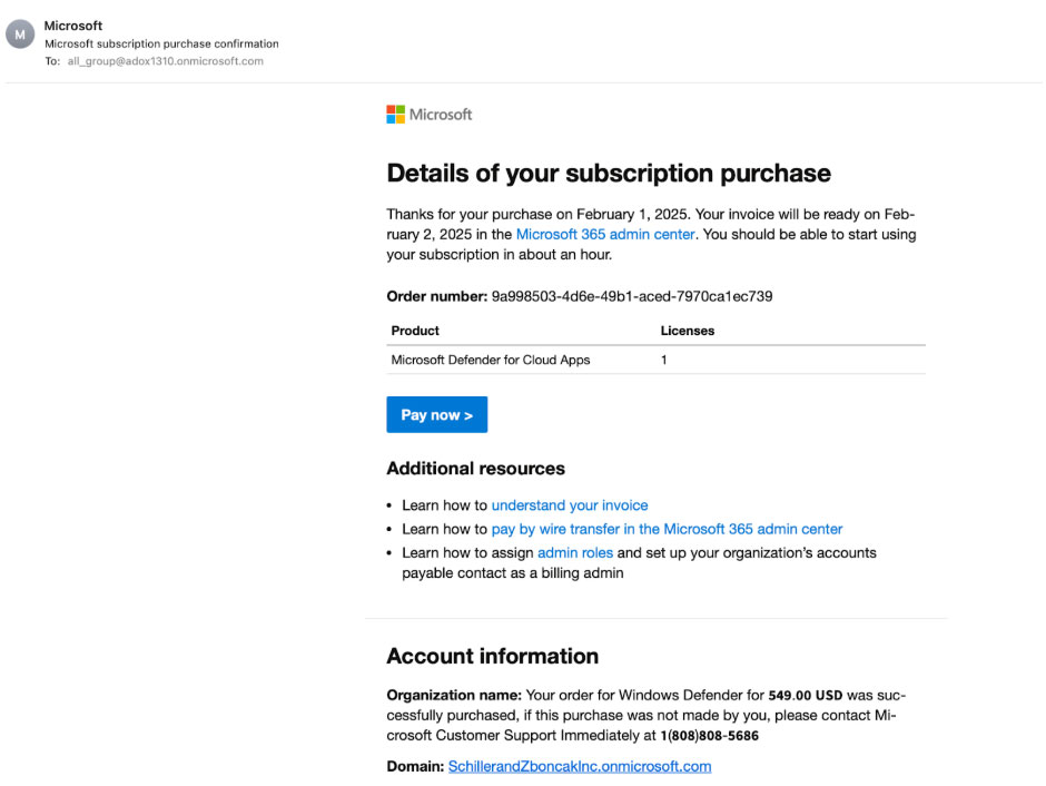 You received an email from Microsoft confirming your Microsoft 365 subscription purchase. It includes details like purchase ID, product name, and expiration date. There are links for managing the subscription and contact information for billing issues.