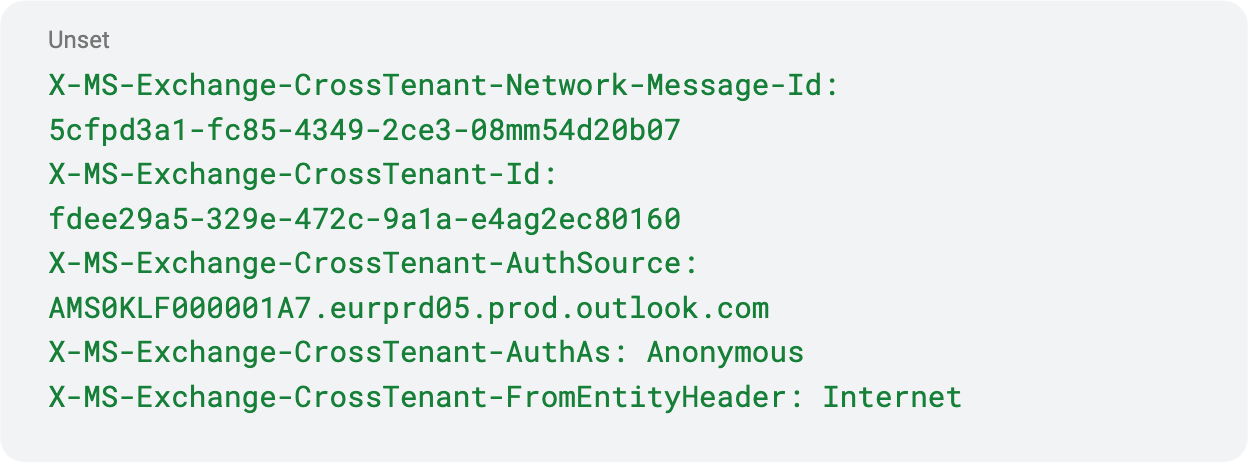 Screenshot showing a series of email metadata headers related to Microsoft Exchange within a Microsoft 365 infrastructure. Includes Message ID, Tenant ID, AuthSource, and AuthAs details. Text is displayed on a gray background.