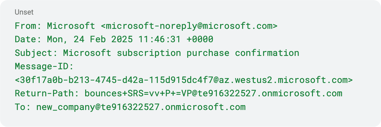 Screenshot of an email with the subject Microsoft 365 subscription purchase confirmation. The sender is Microsoft. Includes message ID, return path, and the recipients email starting with new_company. Date is Mon, 24 Feb 2025.