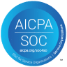 Circular logo for AICPA SOC. White text on a blue gradient background reads AICPA SOC and aicpa.org/socforcc. Additional text at the bottom says SOC for Service Organizations | Service Organization.