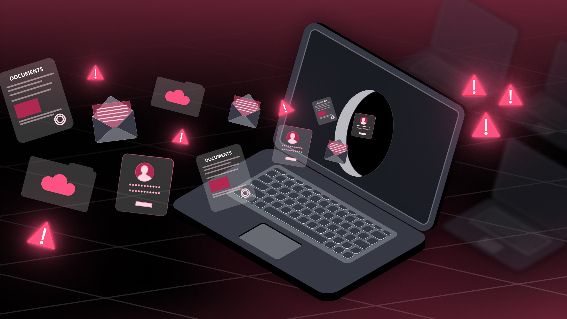An illustration depicts a laptop showcasing warning signs, enveloped by floating digital elements like documents, emails, and password fields. Red alert symbols highlight an endpoint security threat against a dark background, capturing the crucial role of MSPs in safeguarding data breaches.