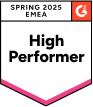 Badge with a white background, labeled SPRING 2025 EMEA at the top, featuring the G2 logo in the corner. Below, the text High Performer is displayed. A pink border outlines the bottom of the badge, highlighting its importance for MSPs in CyberSecurity.
