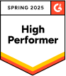 A badge prominently featuring Spring 2025 at the top. Below, it boldly declares High Performer, underscoring excellence in CyberSecurity on a crisp white background. The bottom showcases a chevron design with vibrant orange and yellow stripes, symbolizing Secure & Insure innovation.