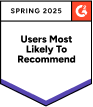 Badge featuring the G2 logo and labeled Spring 2025. Text reads, Users Most Likely To Recommend. This recognition highlights industry leaders in CyberSecurity, underscoring the trust users place in these MSPs to Secure & Insure their digital assets effectively.