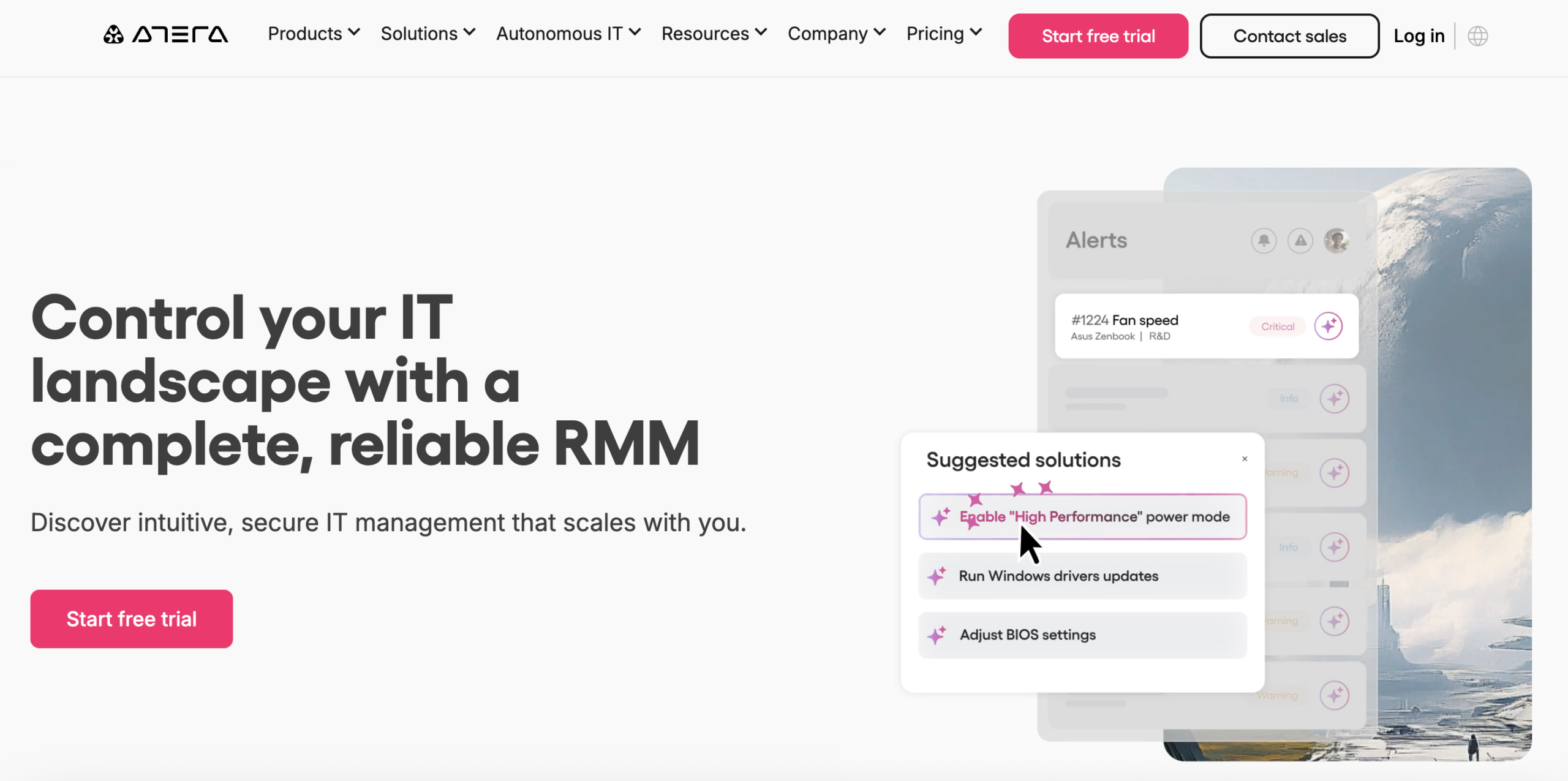 Atera homepage promoting RMM software with IT management, alerts dashboard, AI-powered suggested solutions, and a free trial button.