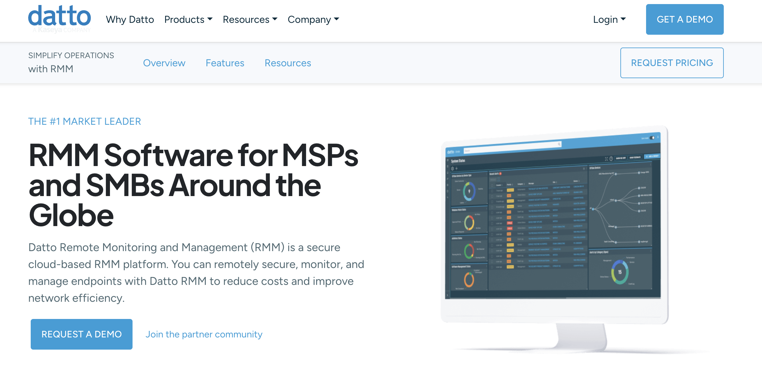 Datto RMM homepage promoting remote monitoring and management software for MSPs and SMBs with dashboard preview and demo button.