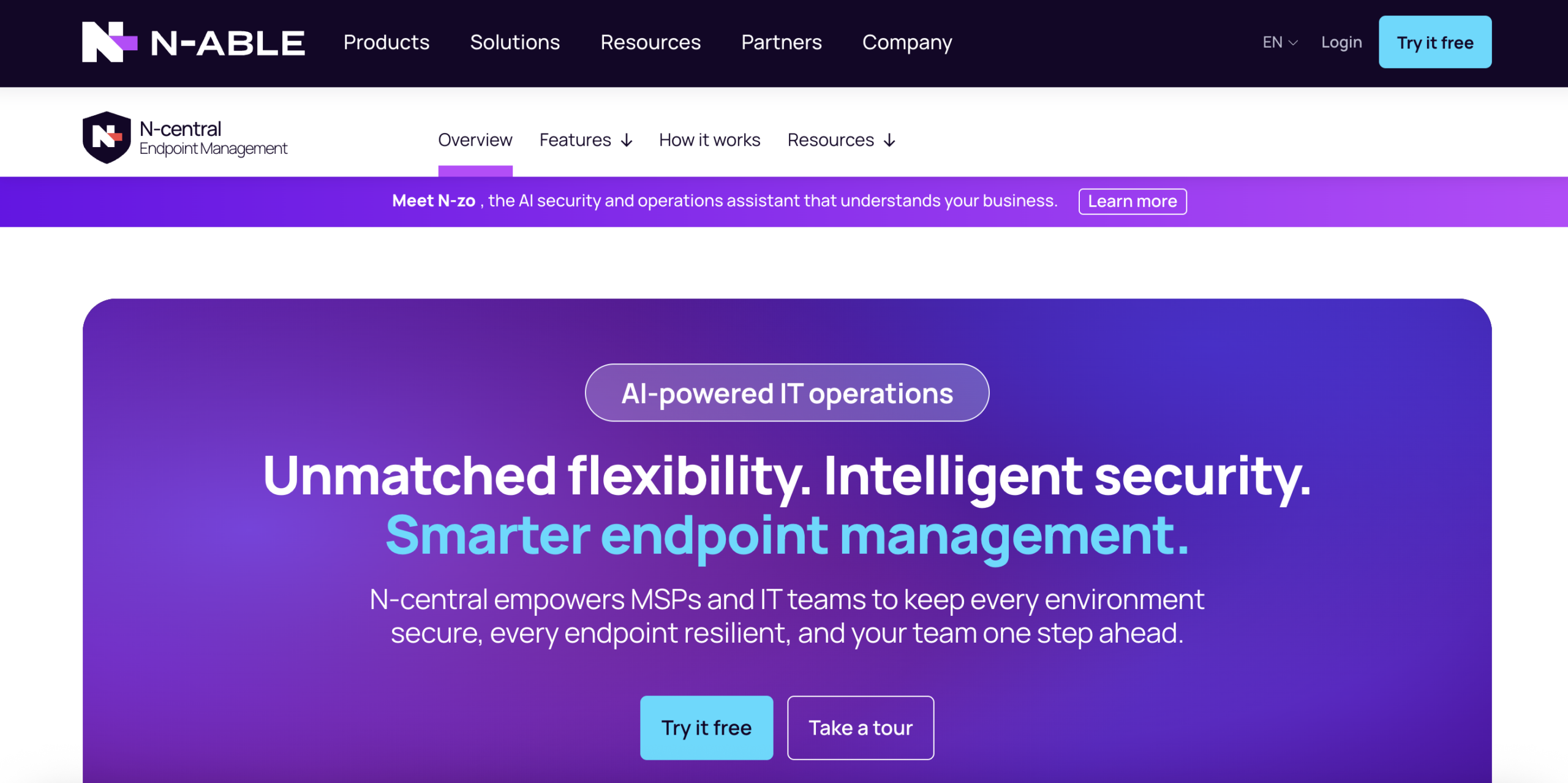 N-able homepage promoting AI-powered endpoint management for MSPs and IT teams with security features and free trial button.