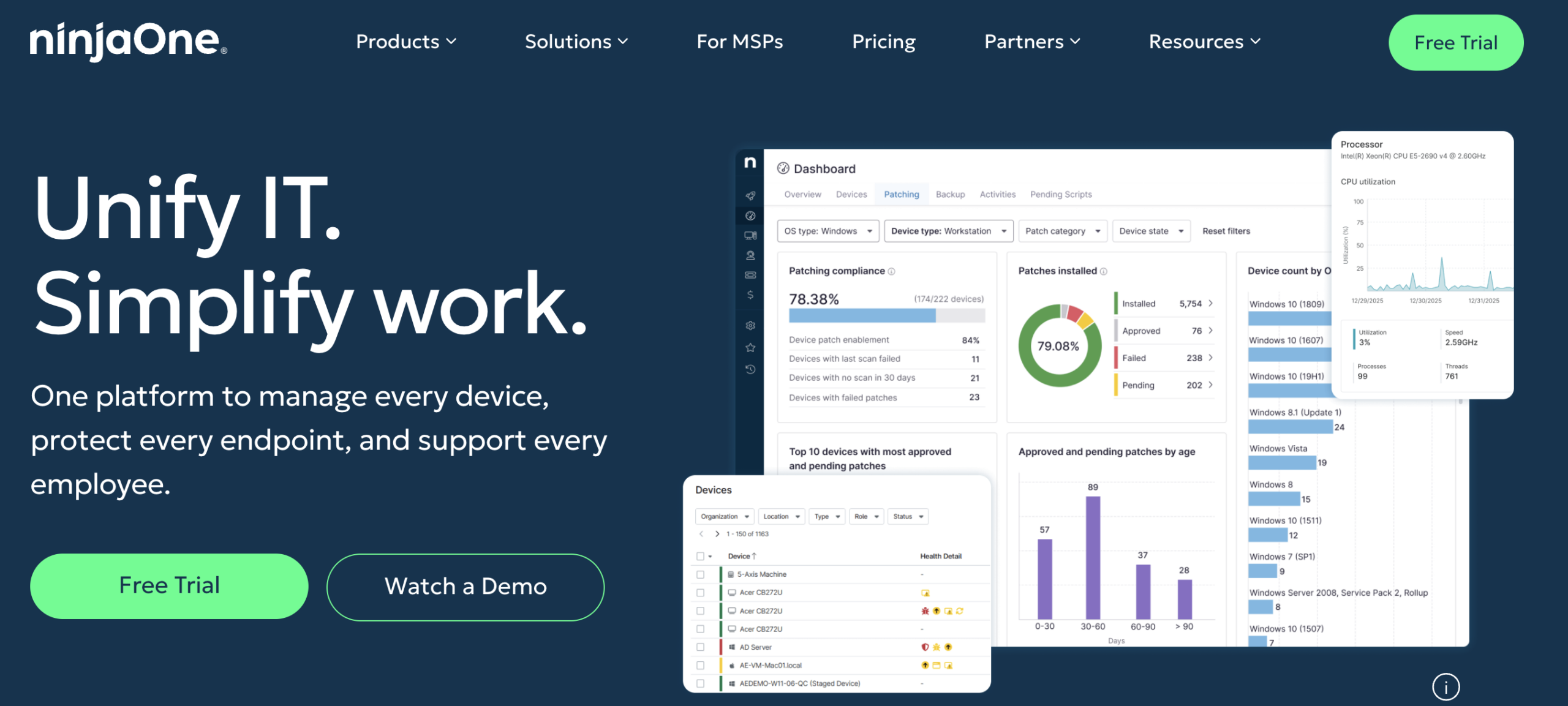 NinjaOne homepage promoting IT management software with device monitoring, patch management dashboard, and free trial and demo buttons.