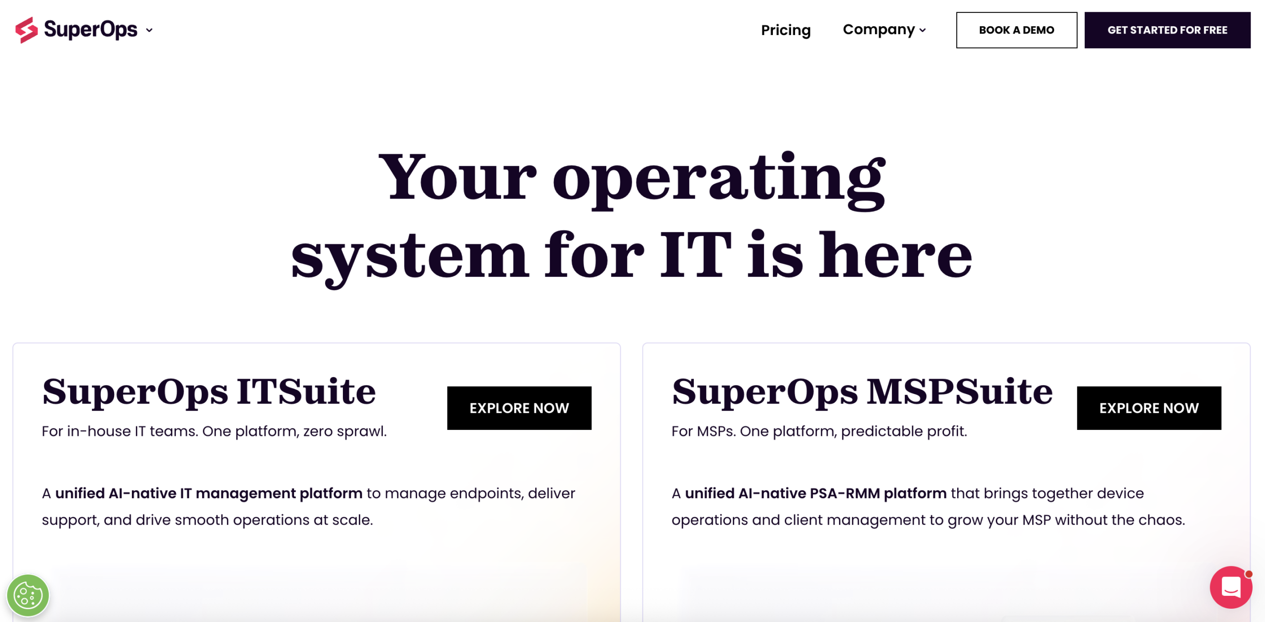 SuperOps homepage promoting AI-native IT and MSP management platforms with ITSuite, MSPSuite, and demo and free trial buttons.