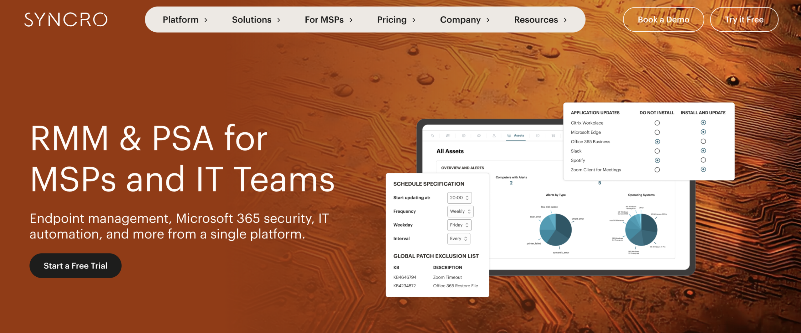 Syncro homepage promoting RMM and PSA software for MSPs and IT teams, featuring endpoint management, security, automation, and dashboard preview.