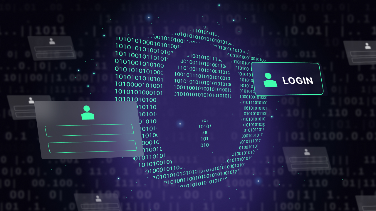 A digital padlock made of binary code with login screens and floating profile icons symbolizes cybersecurity, user authentication, and a streamlined operation—perfect for illustrating a modern password manager or MSP services on a dark, tech-themed background.