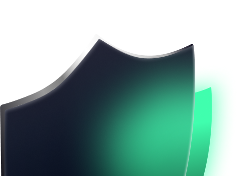 A dark, curved shield with a glossy edge and a bright green glow on the right side represents CyberSecurity for MSPs, set against a transparent background.