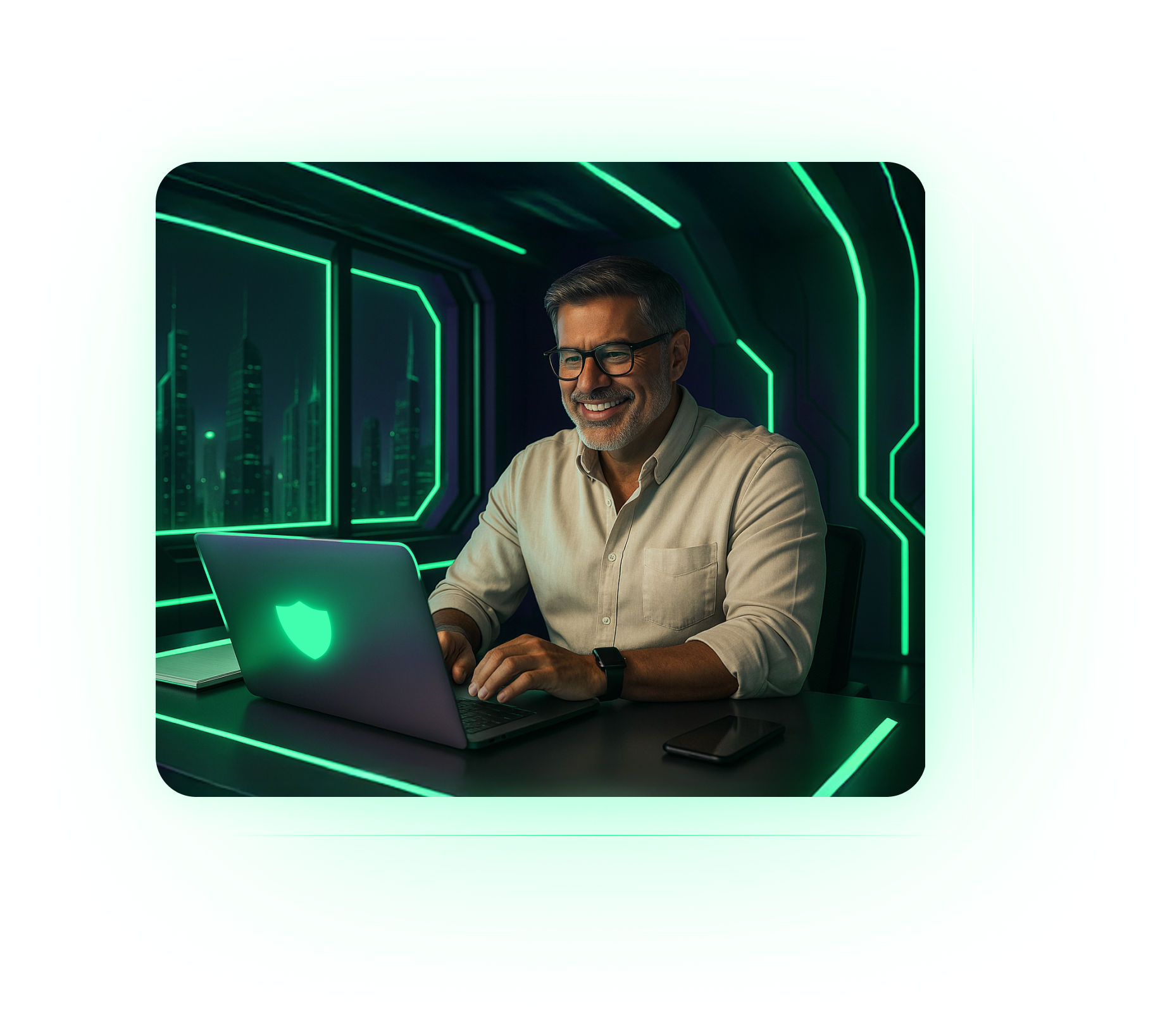 A smiling man wearing glasses works on a laptop with a glowing shield icon, highlighting CyberSecurity, as he sits in a futuristic room with neon green lighting and a cityscape visible through the window.