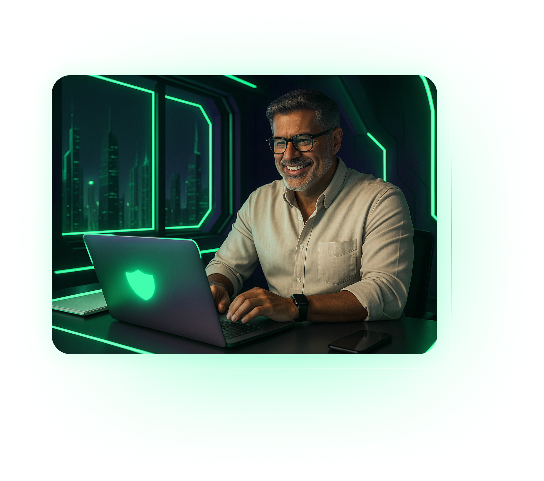 A smiling man wearing glasses uses a laptop with a glowing CyberSecurity shield emblem, sitting in a modern, dimly lit room with city lights visible through large windows.
