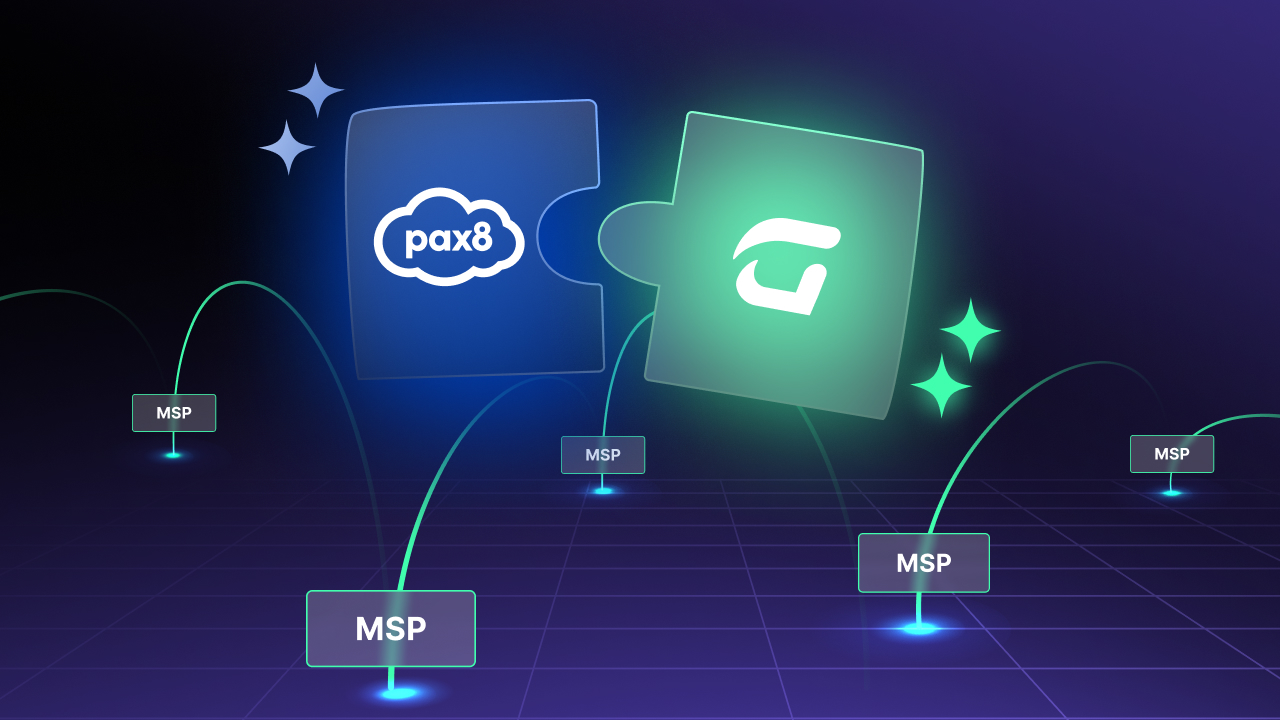 Two glowing puzzle pieces—one with the Pax8 logo and one with another logo—connect above a grid, symbolizing collaboration in the Pax8 Marketplace. Glowing arcs link multiple MSP labels to the puzzle pieces, highlighting secure MSPs partnerships.