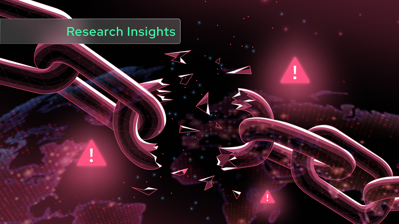A glowing digital chain breaks over a blurred world map, warning symbols and “Research Insights” above—symbolizing a security breach as attackers exploit a legacy loophole for global disruption.