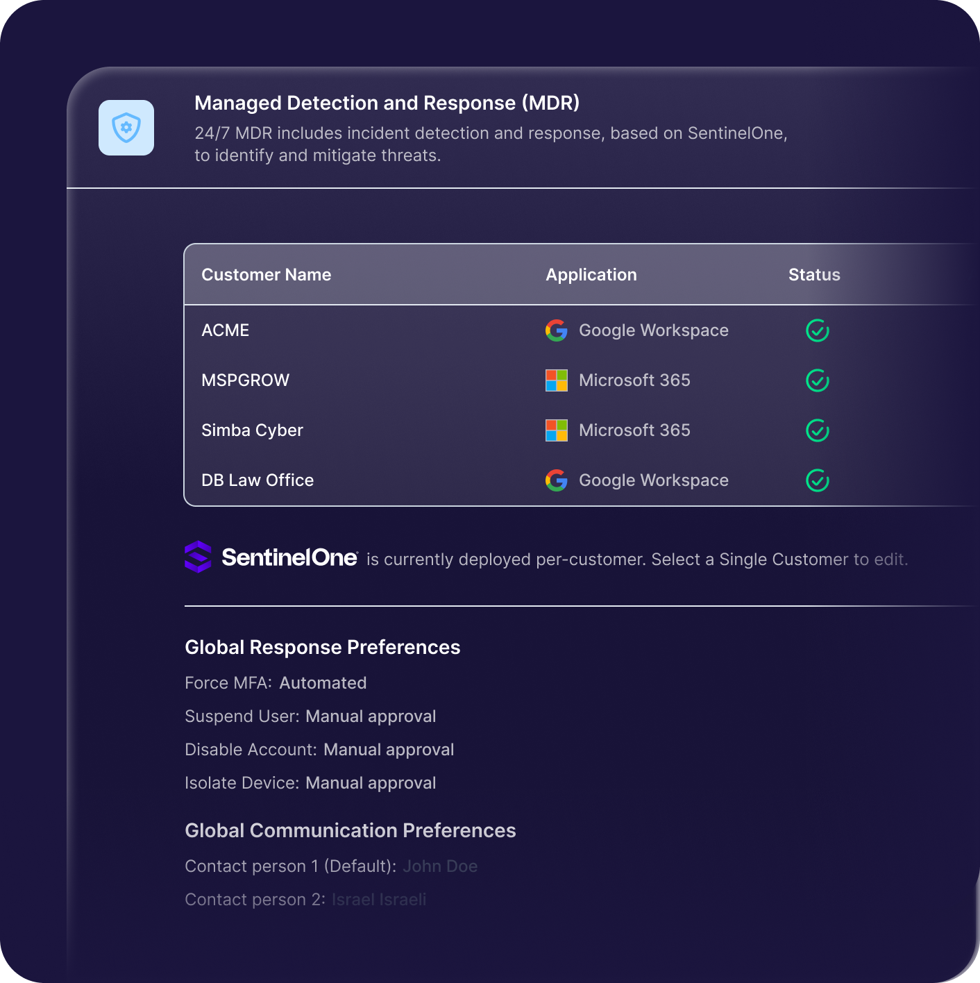 Screenshot of a security dashboard showing managed detection and response (MDR) details for multiple customers, listing their names, applications used, and status, with global and communication preferences below.