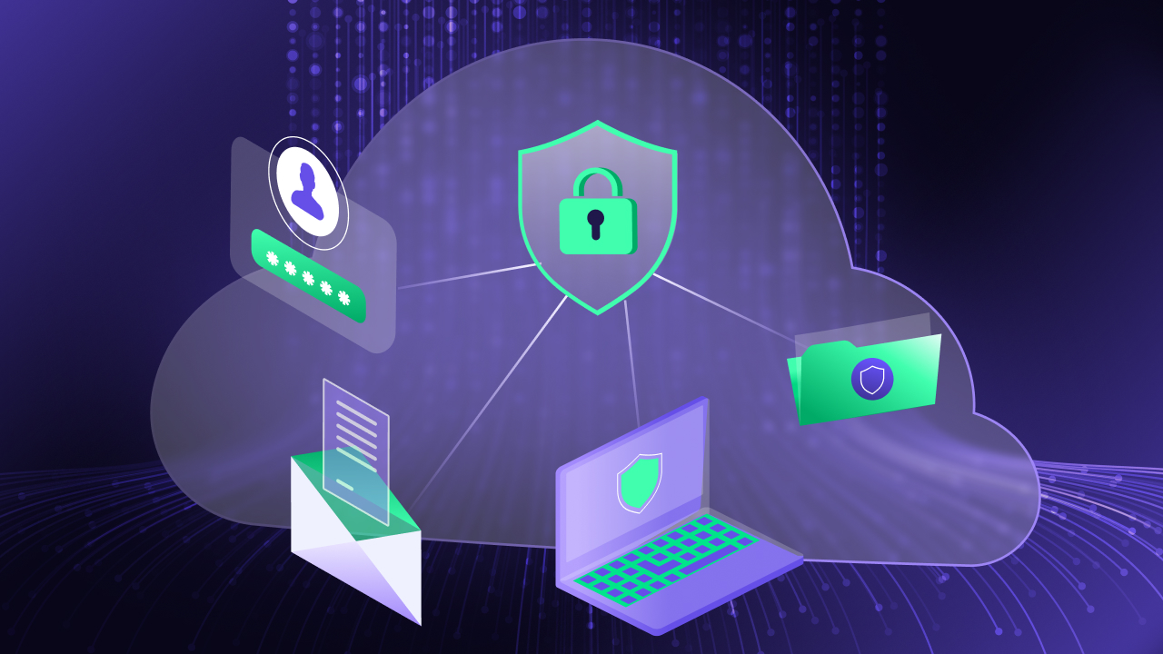 Illustration of a cloud with a shield and padlock at its center, surrounded by icons of a user profile, secure folder, laptop, and an email, symbolizing cloud computing security features. Purple and green tones dominate the image.