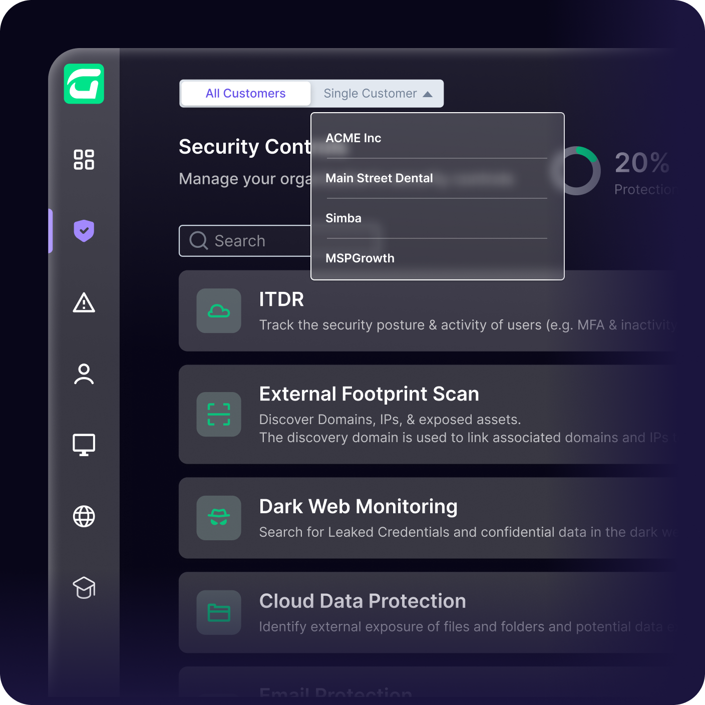 A dashboard displays security controls with tabs for “All Customers” and “Single Customer.” A dropdown menu lists ACME Inc, Main Street Dental, Simba, and MSPGrowth. The interface includes various security feature options.