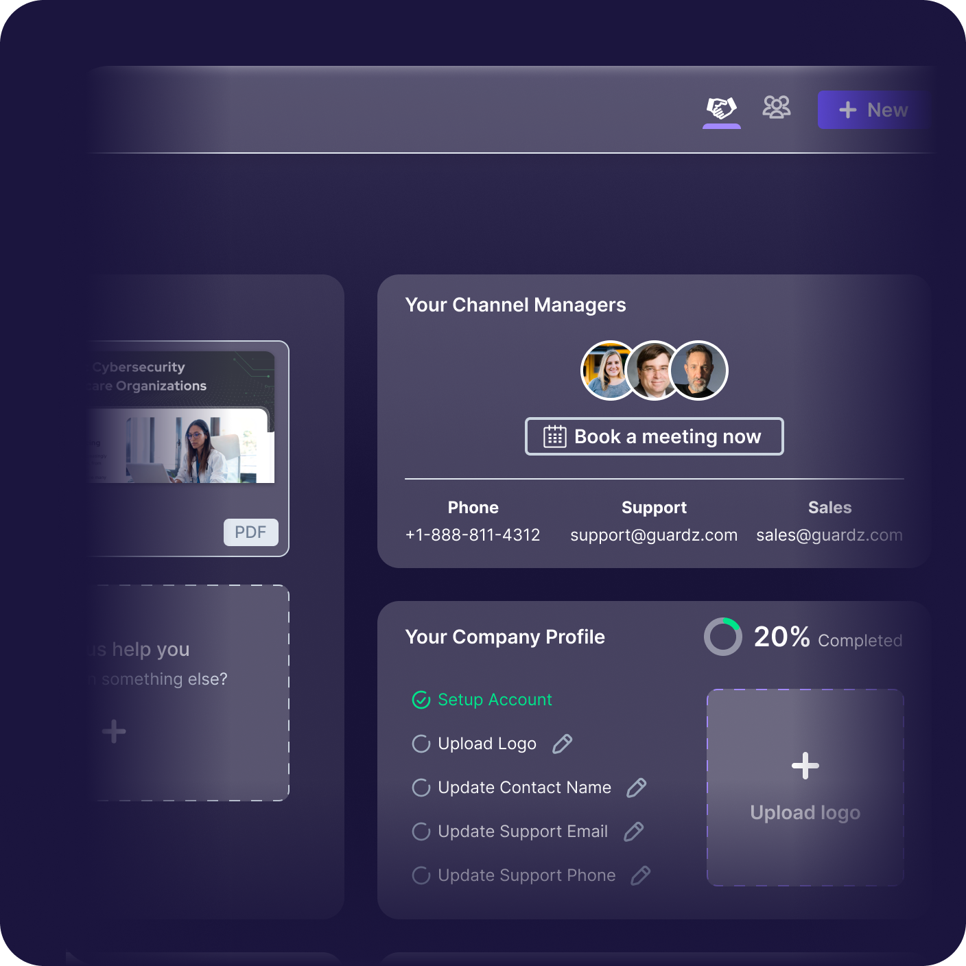 A dark-themed dashboard shows sections for booking meetings with channel managers, company profile setup progress, contact options, and an Upload logo button. Profile photos and various action buttons are visible.