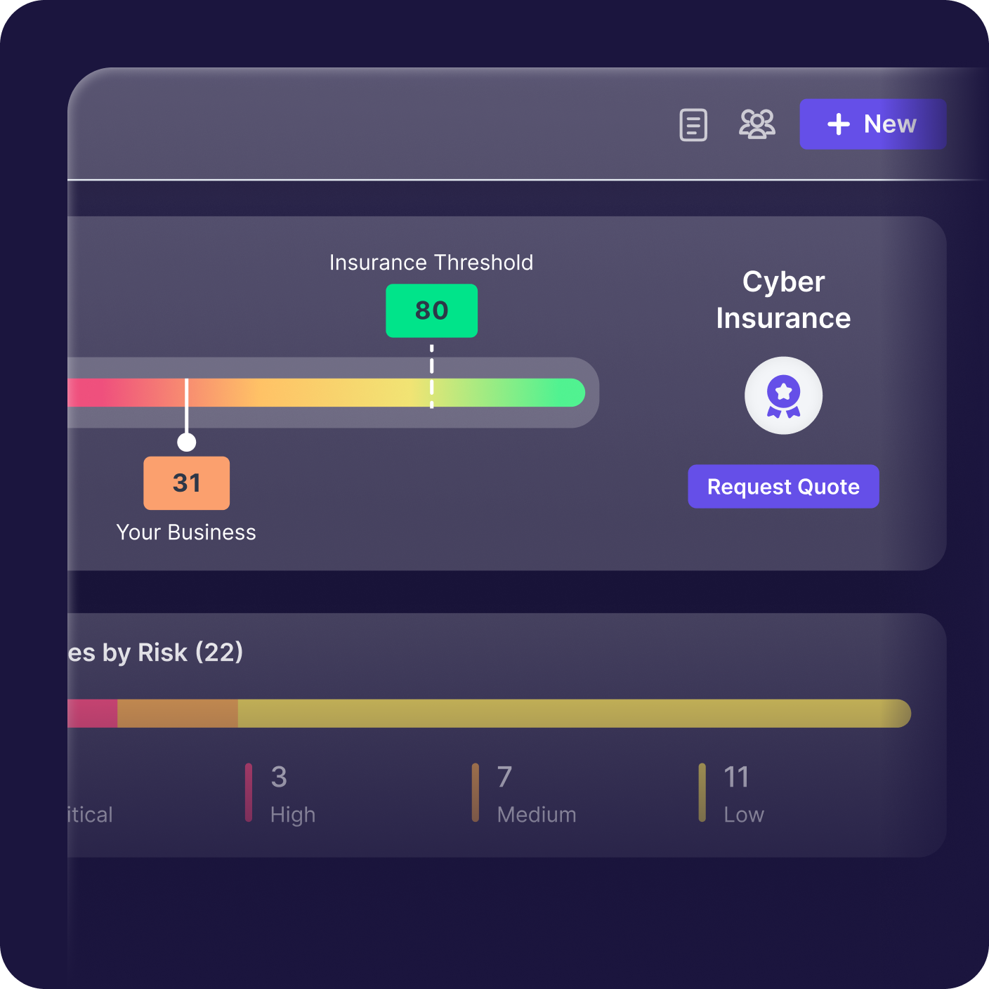 A digital dashboard displays a cyber insurance risk score. Your Business is marked at 31 on a color gradient bar, while the Insurance Threshold is set at 80. A Request Quote button is also visible.