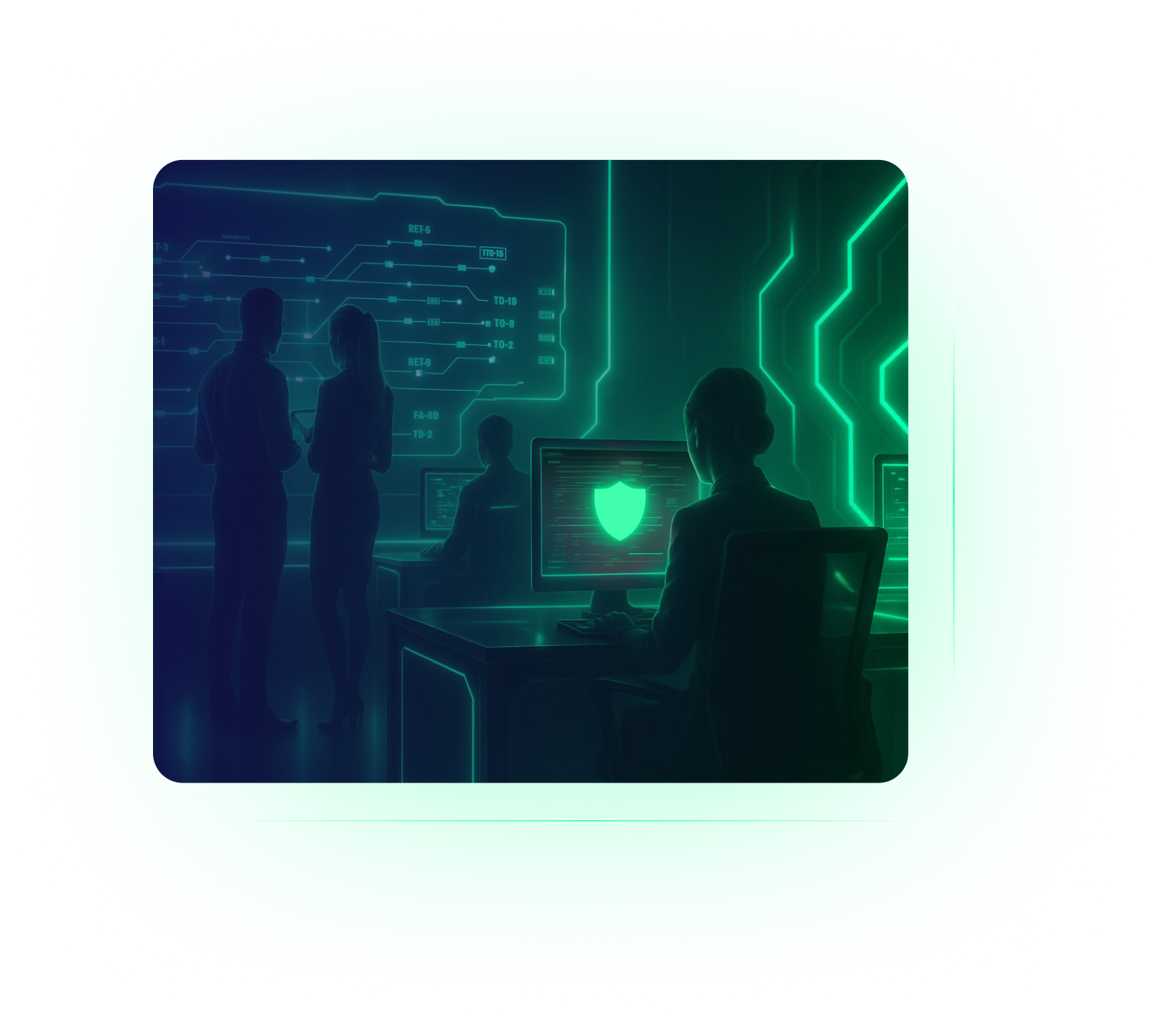 A group of people in a dark room with glowing digital screens, one person at a desk with a computer displaying a green shield, suggesting CyberSecurity and data protection for MSPs.