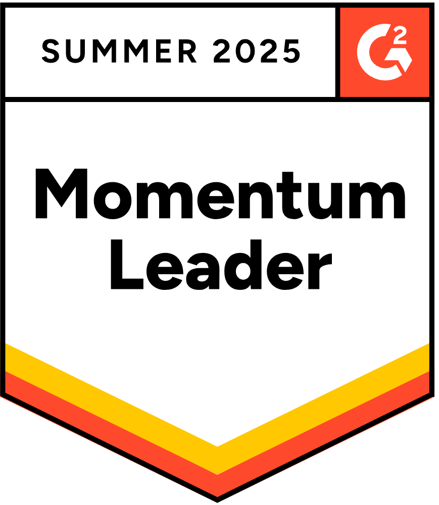 A badge with the G2 logo that reads Summer 2025 Momentum Leader with yellow, orange, and red stripes at the bottom.