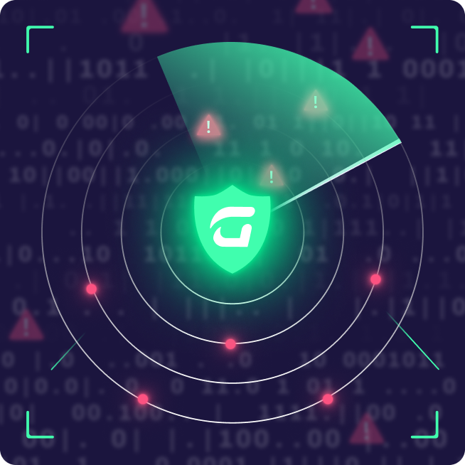 Digital radar screen with a glowing shield icon in the center, green scanning arc, red alert markers, and binary code background, symbolizing CyberSecurity threat detection for MSPs.