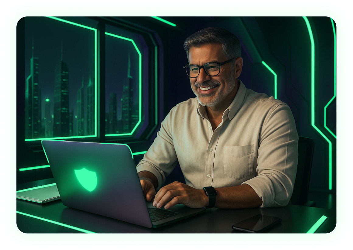 A smiling man with glasses uses a laptop displaying a glowing shield icon, highlighting CyberSecurity, while sitting in a futuristic room with neon green lighting and cityscape windows at night.