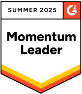 A badge labeled Momentum Leader with SUMMER 2025 at the top and the G2 logo in the corner, featuring red, yellow, and orange stripes at the bottom.