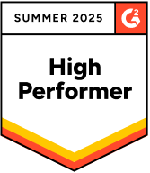A badge with SUMMER 2025 at the top, the G2 logo in the corner, and High Performer in bold text in the center, with yellow, orange, and red stripes at the bottom.
