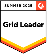 A badge with SUMMER 2025 and the G2 logo at the top, and Grid Leader in bold text below. The badge has a white background with red, orange, and yellow accents at the bottom.