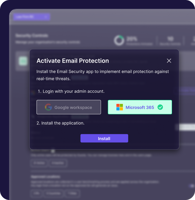 A pop-up window titled Activate Email Protection displays instructions to log in with either Google Workspace or Microsoft 365, then install a CyberSecurity email app. An Install button is at the bottom.