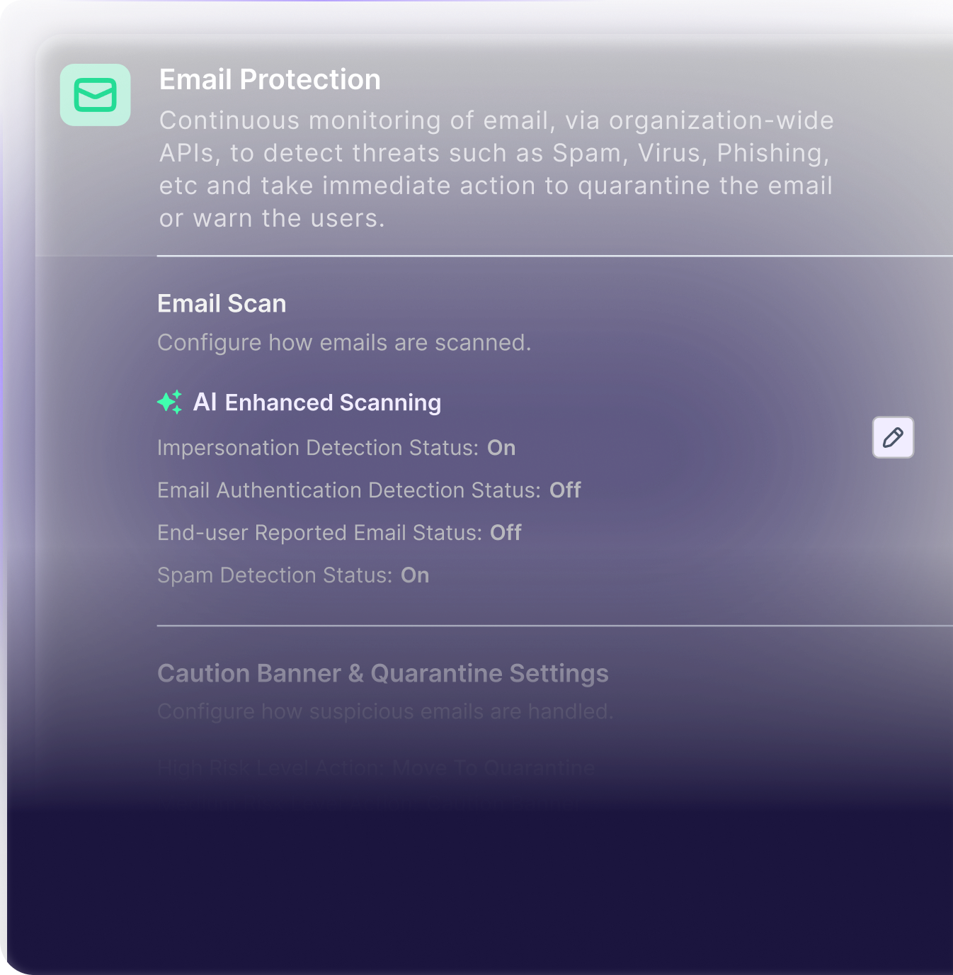 A screen displaying email protection settings for MSPs, including CyberSecurity scan options, AI enhanced scanning enabled, and various threat detection statuses such as impersonation detection and spam detection, both set to On.