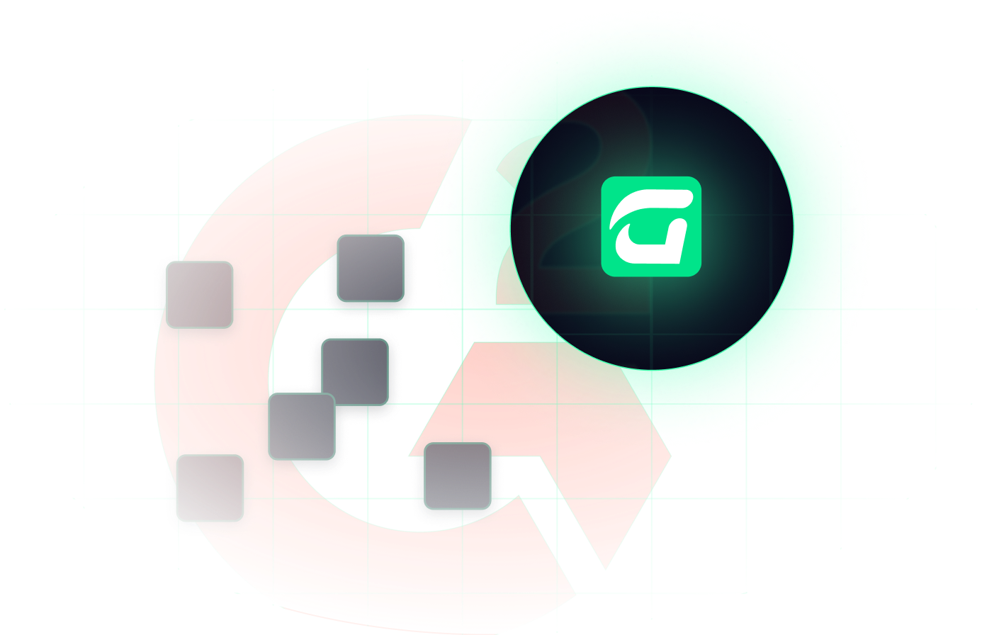 Abstract digital illustration featuring a large red circular arrow, several gray squares, and a glowing green circle with a stylized white G logo—symbolizing CyberSecurity for MSPs—set on a blue grid background.