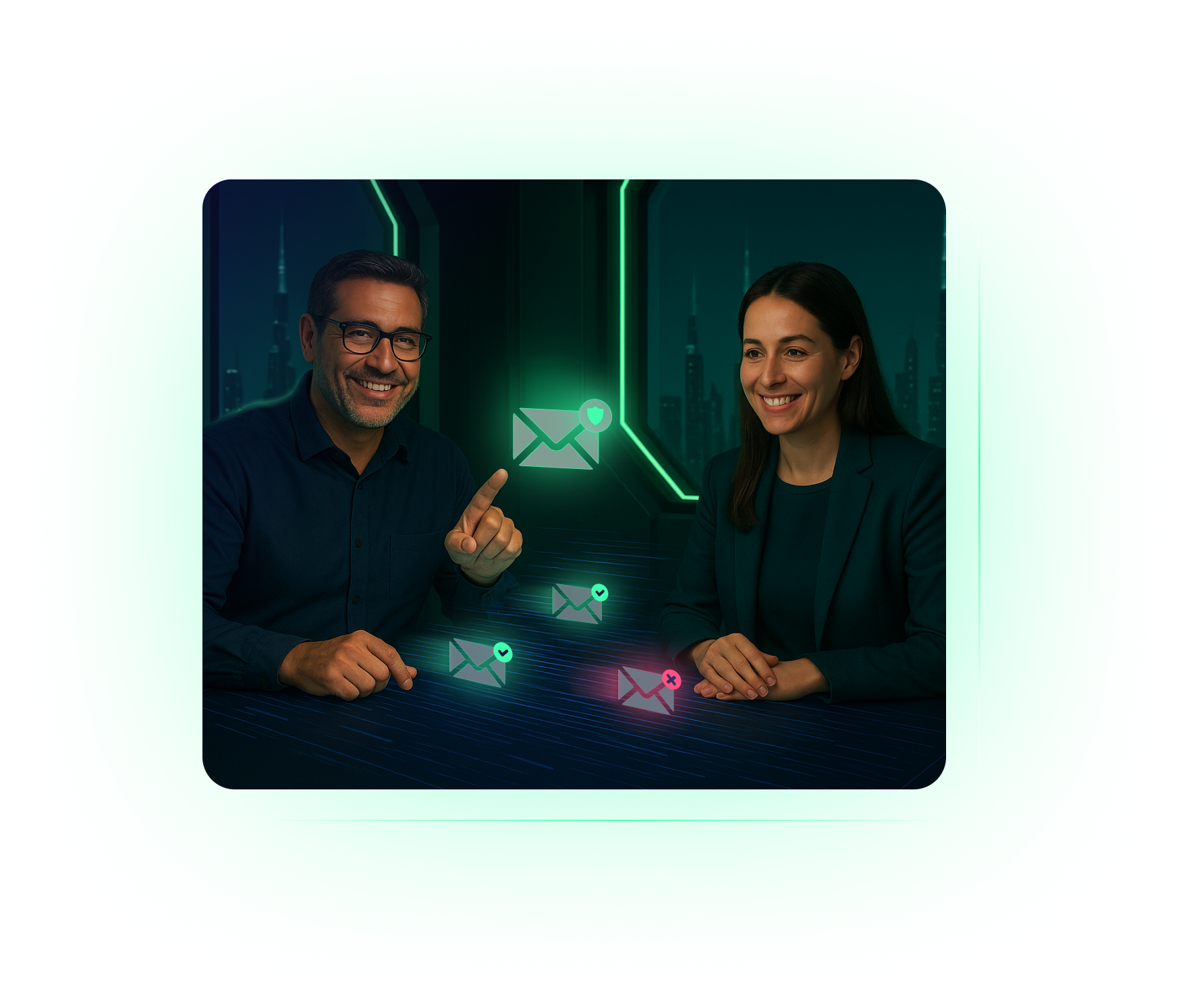 Two people in business attire sit at a table, smiling and interacting with floating digital email icons. Neon green highlights create a futuristic, tech-focused vibe—perfectly capturing the dynamic role of MSPs in cybersecurity.