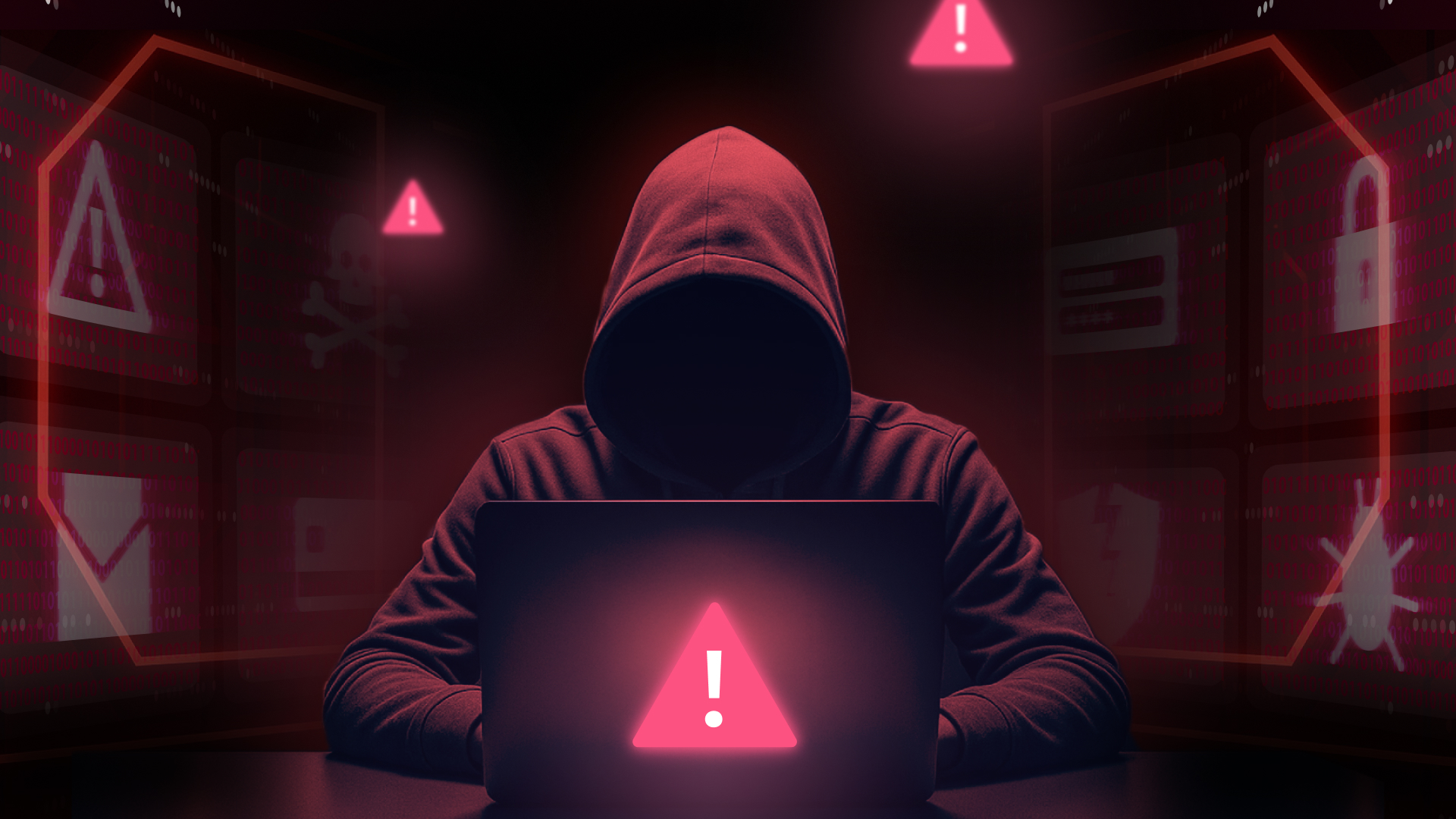 A hooded figure sits in darkness at a laptop with a large warning symbol on the screen. Red warning icons, including exclamation points and padlocks, are projected on digital screens in the background.