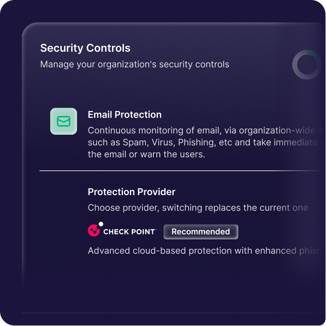 A digital security controls dashboard for MSPs, featuring Email Protection monitoring and a Protection Provider section with Check Point labeled as Recommended, ensuring CyberSecurity to help you Secure & Insure your digital assets.