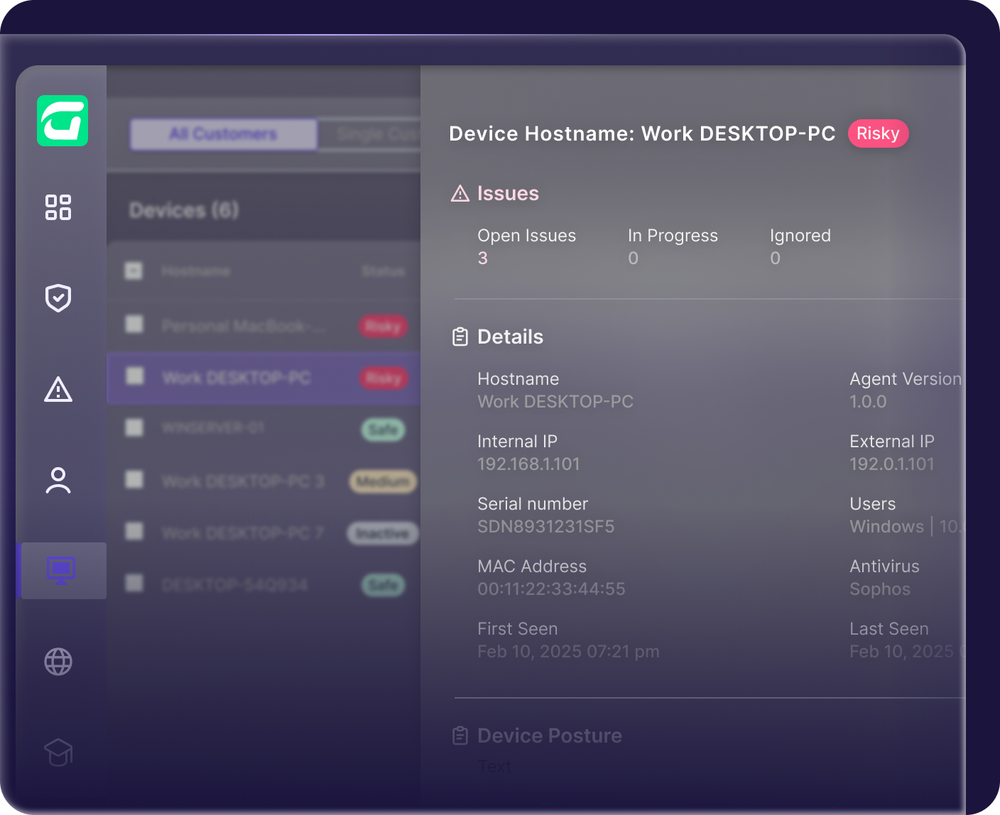 A dashboard screen for MSPs shows details of a device named Work DESKTOP-PC marked as Risky, with 3 open issues, network information, and device specs like hostname, IP addresses, and recent scan date to boost CyberSecurity.