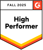 A badge with the text Fall 2025 High Performer and the G2 logo in the top right corner, with red, orange, and yellow stripes at the bottom.