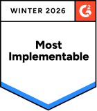 A badge with the G2 logo in the top right corner, labeled Winter 2026 at the top, and Most Implementable in bold black text in the center. The badge features blue accents at the bottom and subtle purple lines, adding to its Badges design.