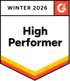 Badge design features WINTER 2026 at the top, the G2 logo in the corner, and High Performer bold in the center. The badge has red, orange, and yellow stripes near the bottom, adding flair to your collection of standout badges.