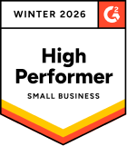 Badge with the G2 logo, labeled Winter 2026 at the top. High Performer in bold text takes center stage, Small Business below, and a red, orange, and yellow striped border at the bottom—enhanced with purple lines for standout badges.