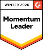 A badge with the G2 logo in the top right corner, labeled Winter 2026 at the top, and Momentum Leader in bold text at the center, featuring red, orange, yellow stripes and purple lines along the bottom edge. Perfect for showcasing badges.